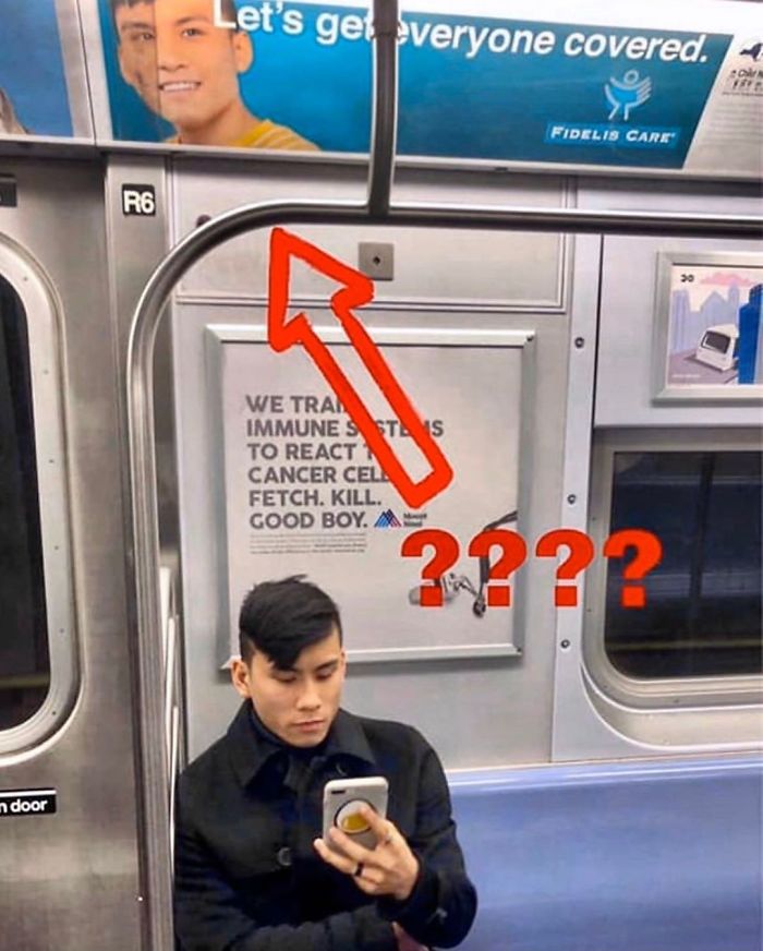 People Sitting Under Signs That Resemble Them