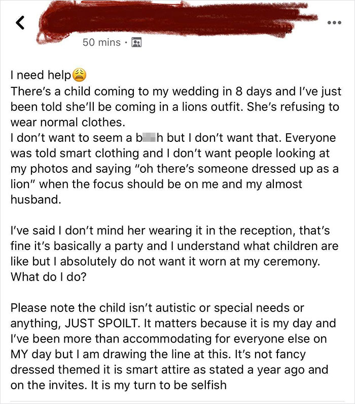 Kid Wants To Dress Up As A Lion To Their Wedding. Also Told To Change Their Centrepieces As Kid Doesn’t Like Balloons. Kid Is Op’s Mother’s Best Friend’s Child