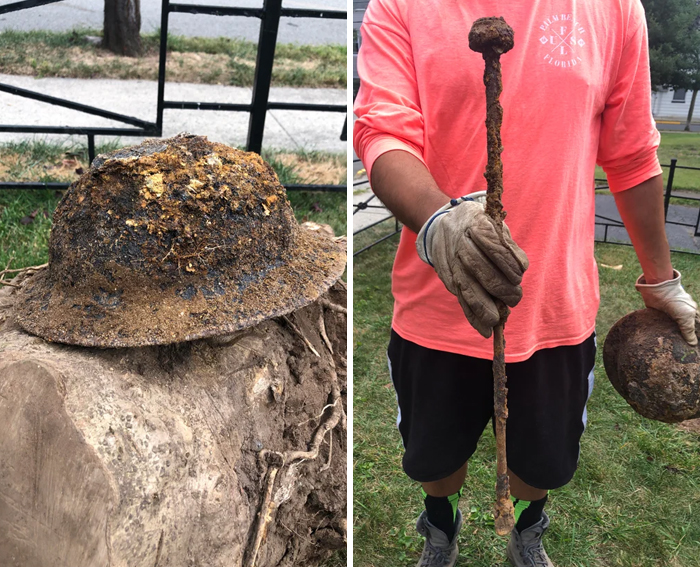 I Think We Found A Military Helmet While Digging Up A Stump In Our Yard. Maybe Ww1? And Another Rusted Part That Looks Like A Gear Shift.