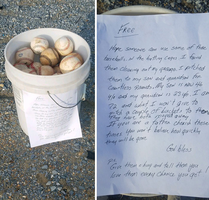 My Grandad Left An Old Bucket Of Balls At The Batting Cages We Used To Go To With This Note On Them. I’m Not Crying, You’re Crying