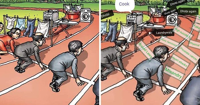 Comparten una ilustración sobre las dificultades de las mujeres en el mundo laboral, y un hombre la cambia para poner su propia versión