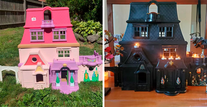 Mom Starts Upcycling Thrifted Plastic Dollhouses Into Spooky Mansions, And She's Absolutely Nailing It