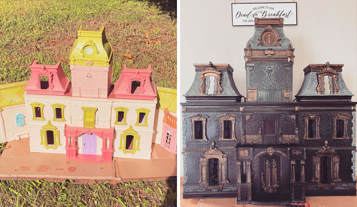 Mom Starts Upcycling Thrifted Plastic Dollhouses Into Spooky Mansions, And She's Absolutely Nailing It