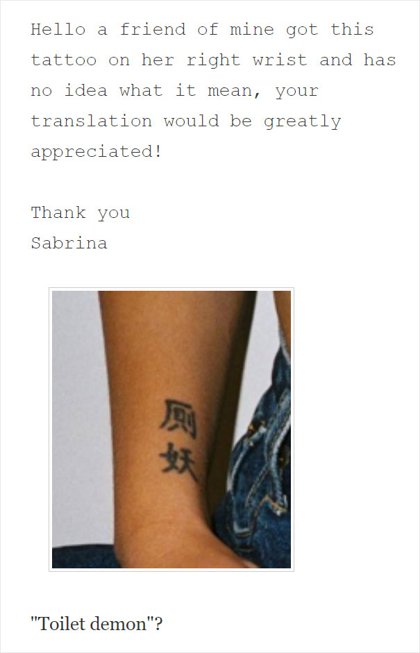 Tattoo with foreign text on wrist, mistakenly translated as "toilet demon," highlighting terrible tattoo translation choices.