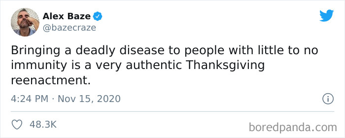 Twitter meme about Thanksgiving during social distancing with a humorous take on historical reenactment.