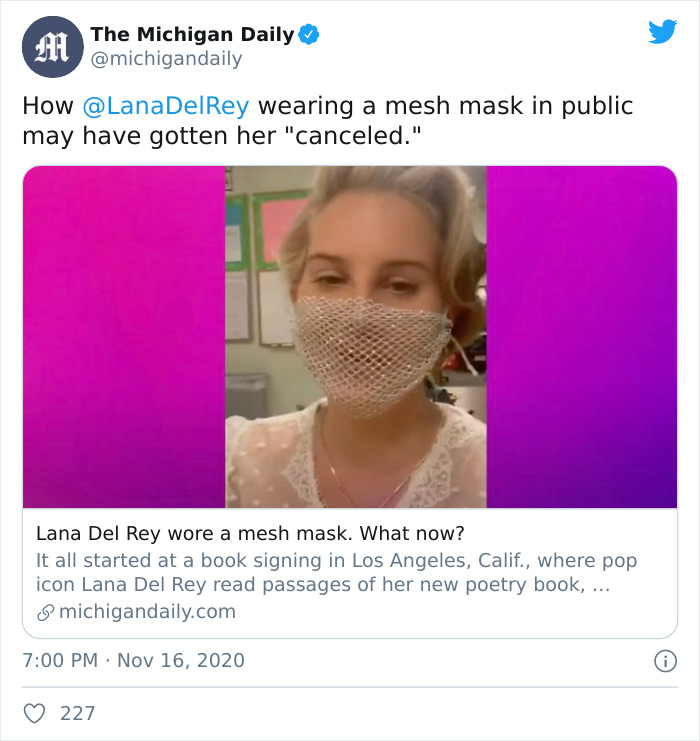 Lana Del Rey Responds To People Who Criticized Her For Wearing A Mesh Face Covering During The Coronavirus Pandemic