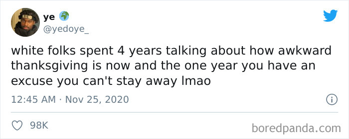 Twitter meme about social distancing and awkward Thanksgiving conversations.