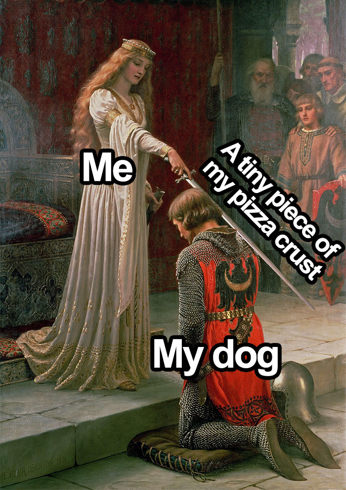 A humorous dog meme featuring a knight being dubbed, labeled "Me," "My dog," and "A tiny piece of my pizza crust."