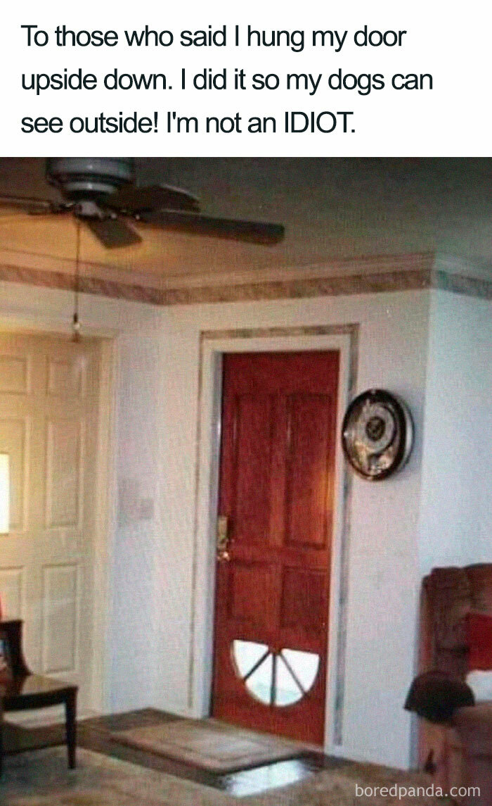 Door hung upside down in a house with a note explaining it's for the dogs to see outside; a funny dog meme.
