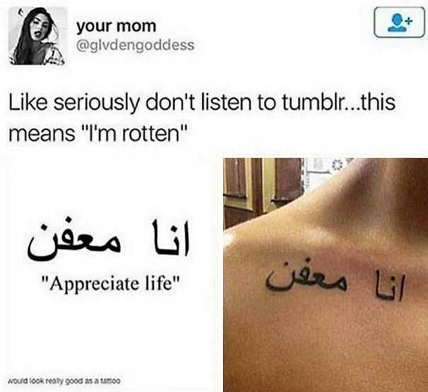 Tattoo in a foreign language misinterpreted, meant to say "Appreciate life" but actually means "I'm rotten."