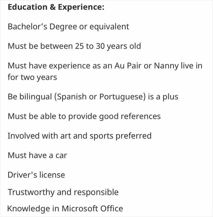 "They're Asking To Hire A Stay-At-Home Parent": Job Listing For Nanny Goes Viral For Having Ridiculous Requirements "They're Asking To Hire A Stay-At-Home Parent": Job Listing For Nanny Goes Viral For Having Ridiculous Requirements