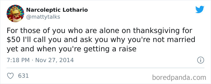 Thanksgiving meme about being alone and receiving a humorous call asking about marriage and job raise.