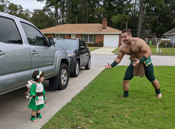 My Daughter And Husband As Toph And The Boulder. She Filled Up Her Appa With So Much Candies From Last Night's Trick Or Treating