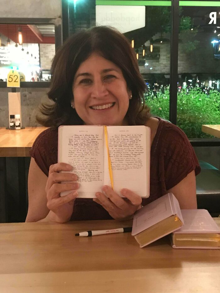 I Asked My Bar Guest What She Was Writing. Turns Out She Has 3 Daughters And She Writes 5 Lines A Day To Each Of Them. These Will Be Gifts When They Get Married One Day. Mom Of The Year