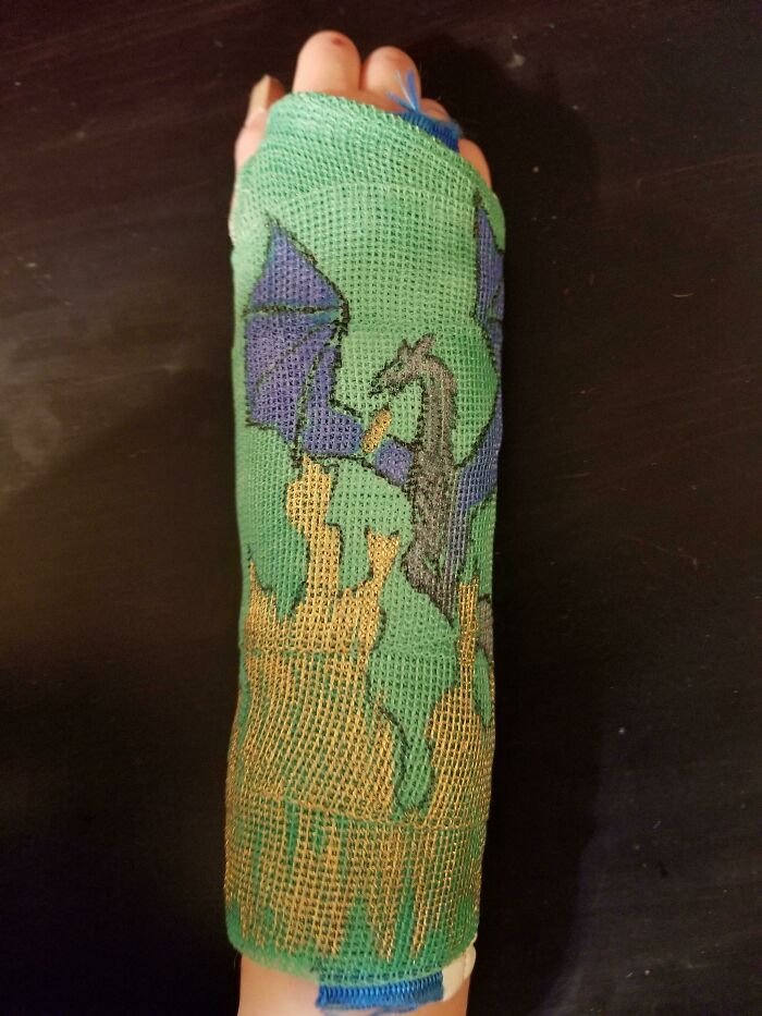 My Son Broke His Wrist And It Extra Sucks Since We Are Stuck At Home For At Least Another Month. I Decorated His Cast And Now He Loves It And Is Super Happy To Finally Have A "Tattoo"