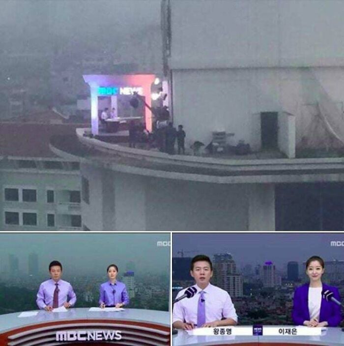 A Korean News Program Actually Filming On The Top Of The Building Instead Of Using A Green Screen