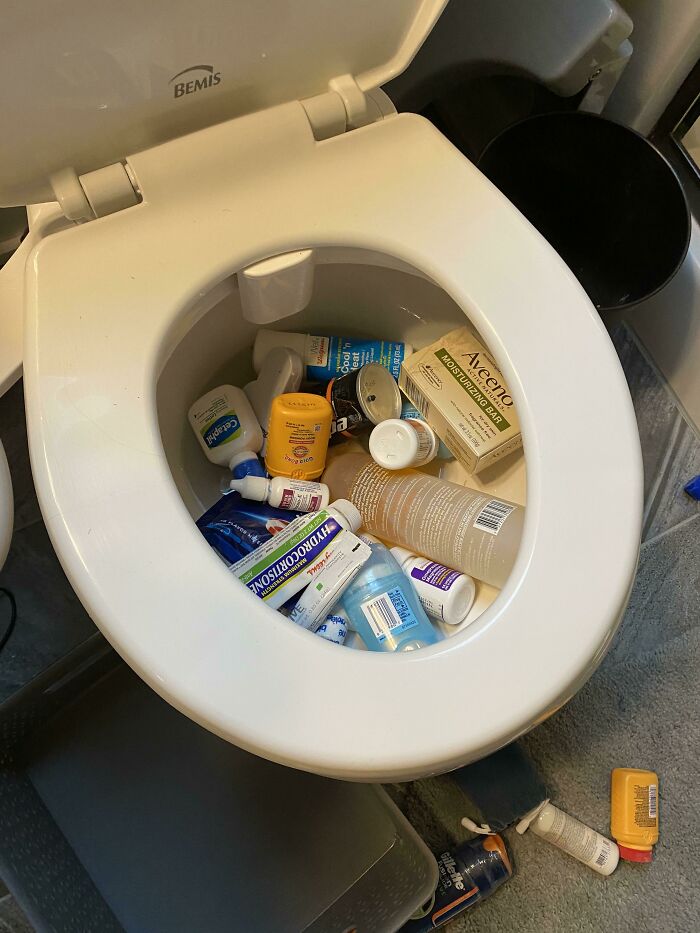 Wife Attempted To Organize/Clean Out The Bathroom Closet. She Put One Of The Baskets Too Close To The Edge
