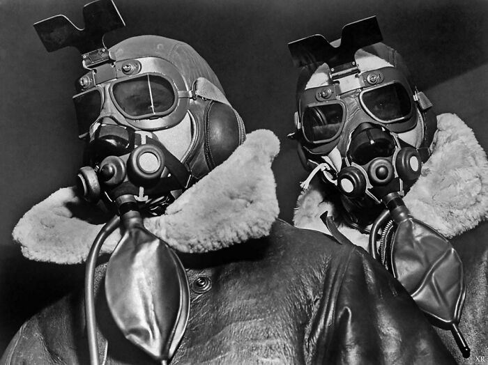 Pilots Of American 8th Bomber Command Wearing High Altitude Oxygen Masks And Flight Goggles, 1942