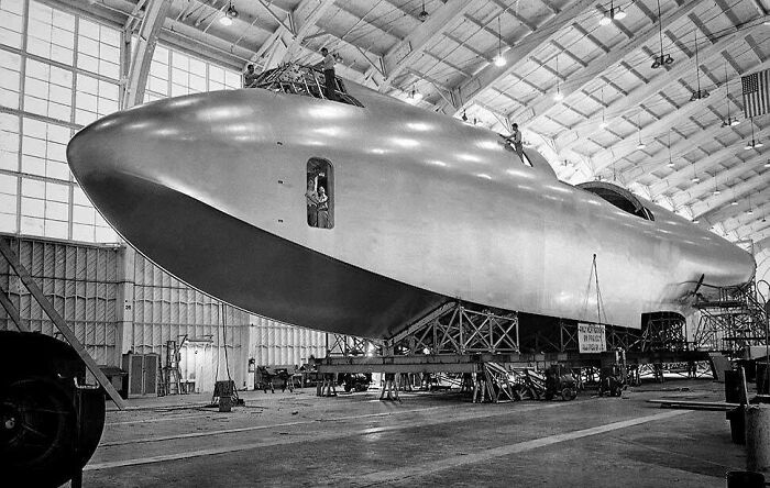 The Hull Of A Hughes Hercules, The Largest Flying Boat Ever Built, Owner Of The Largest Wingspan Of Any Aircraft That Has Ever Flown Under Construction, 1945