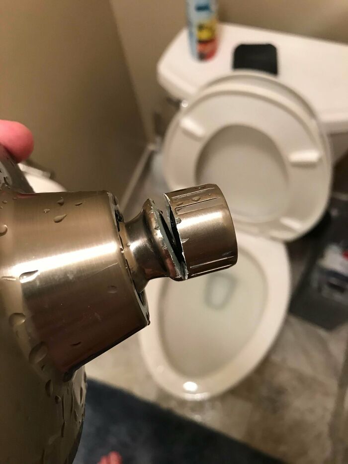 A Different Type Of Shower Problem From The Usual Ones On This Sub. I Elbowed My Shower Head While Scrubbing, And It Cracked Spraying Water Everywhere.