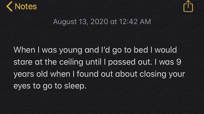 Text note showing a funny childhood memory, highlighting kids are not born smart with a humorous sleep habit.
