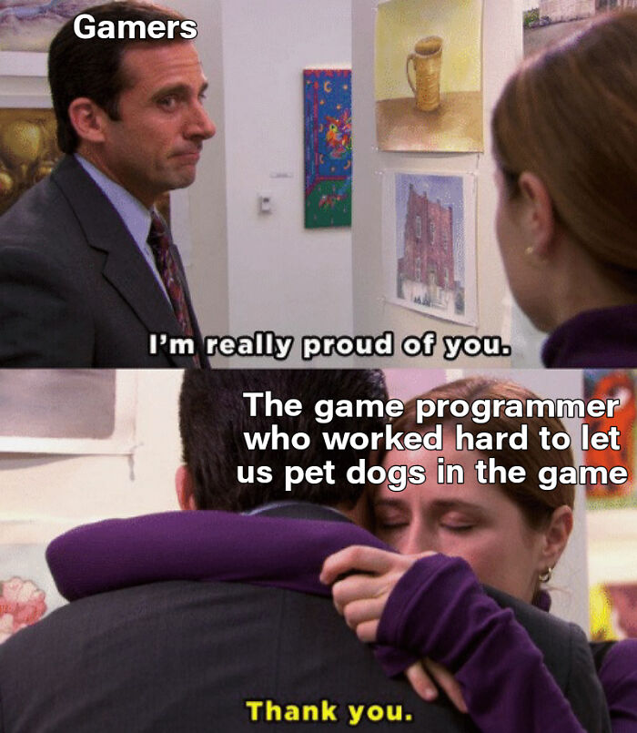 Two people hug and express gratitude, capturing a funny dog meme about gamers appreciating petting dogs in games.