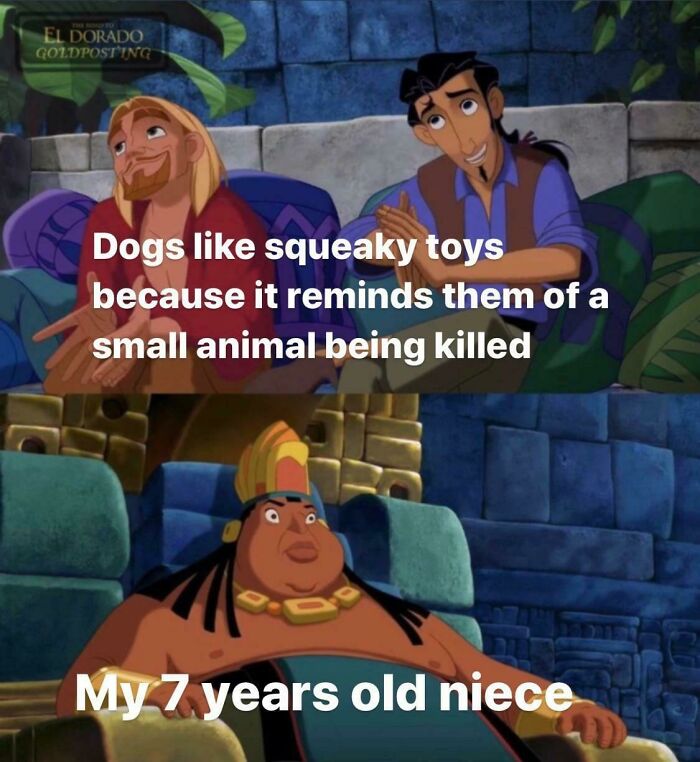 Two scenes from an animated movie with dog memes about squeaky toys and a 7-year-old niece laughing.