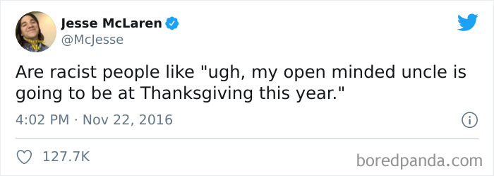 Tweet about Thanksgiving humorously questioning if racists dread open-minded relatives visiting.