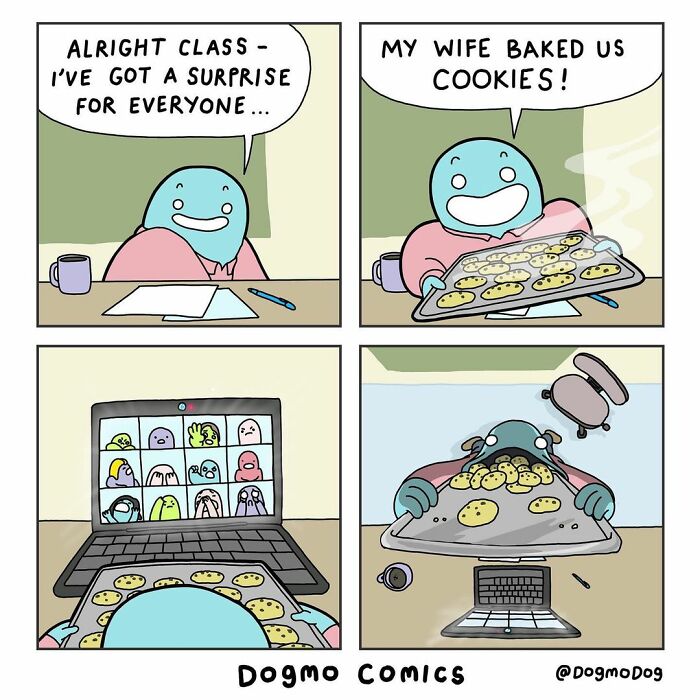Dark and twisted comic showing a character serving cookies during a virtual class about today's society.