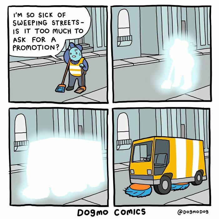 Dark and twisted comic shows a street sweeper wishing for a promotion, transforming into a street-cleaning vehicle.