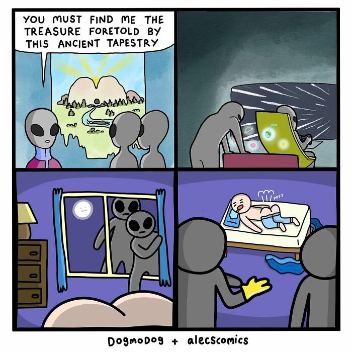 Dark and twisted comic panels depict aliens searching for treasure and observing a sleeping person in a modern society satire.