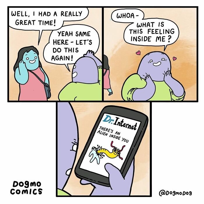 Comic panel by artist showing dark and twisted portrayal of society with a character's inner feelings revealed via a phone screen.