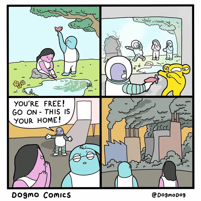 Dark and twisted comic panels depicting society's impact on nature, pollution, and false freedom from Dogmo Comics.