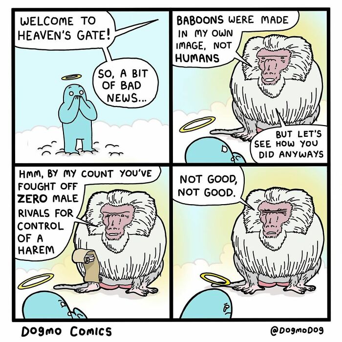 Comic panel from artist Dogmo showing a dark and twisted comic critiquing society with baboon and character at Heaven’s gate.