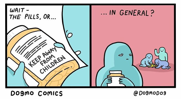 Comic panel showing a character reading a pill bottle labeled Keep Away From Children in a dark twisted comic about society.