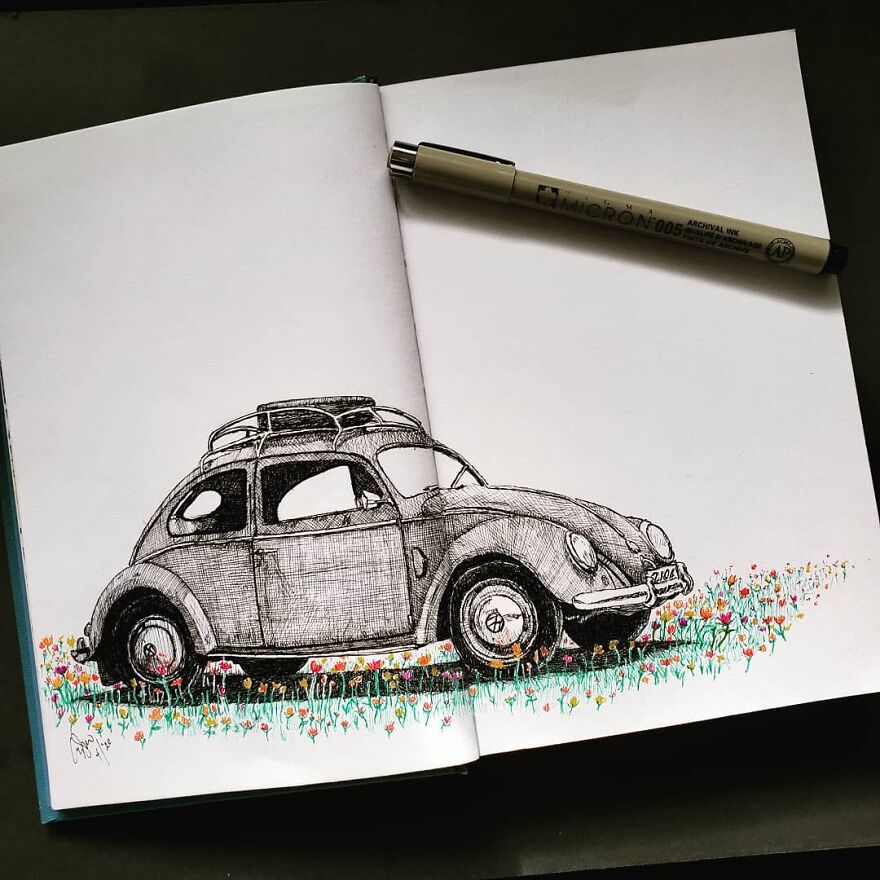 Volkswagen Beetle In A Flower Field