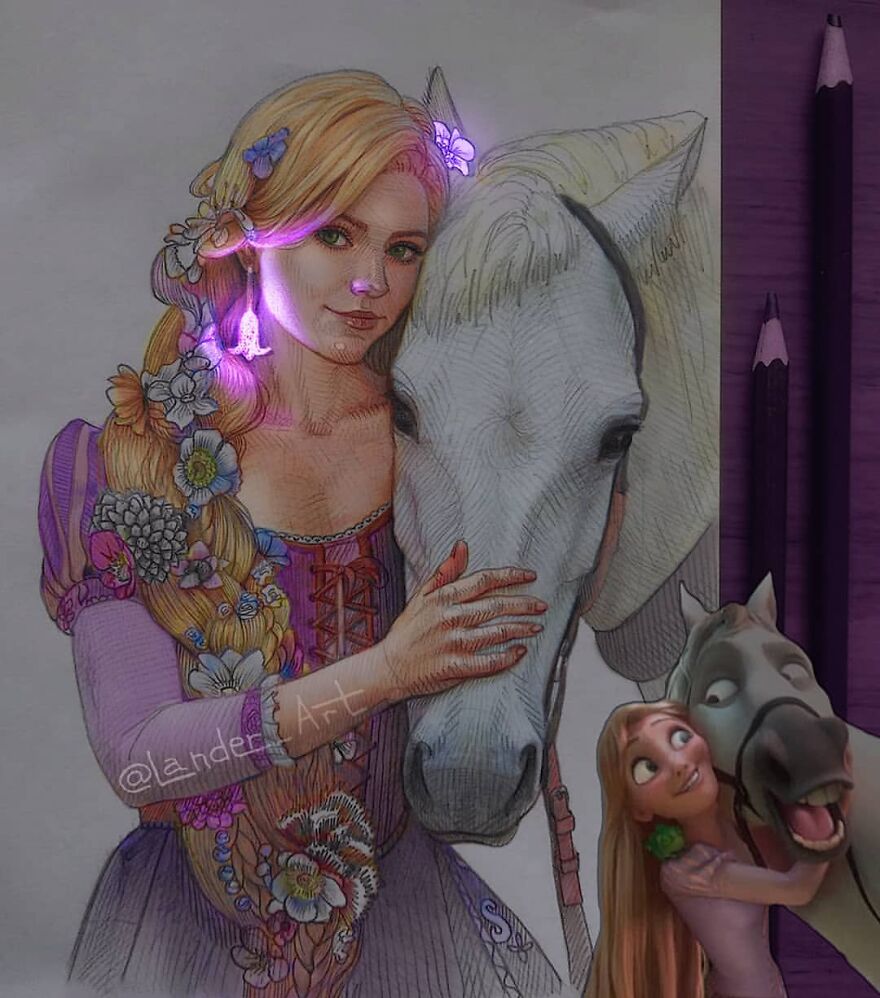 This Artist's Drawings Of Cartoon Princesses And Their Pets Look Like They're Glowing (7 Pics)