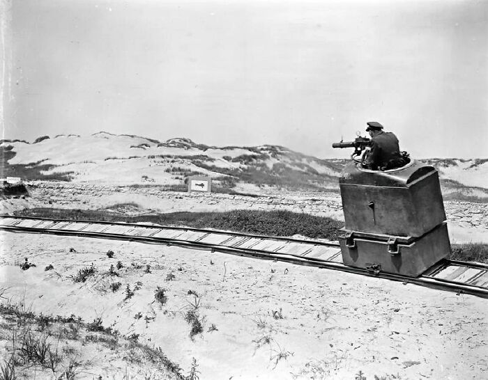 Royal Flying Corps Pilot Cadet Practices Deflection Shooting From A Moving Platform Installed On Rails And Launched At High Speed, In Egypt, July 17th, 1918