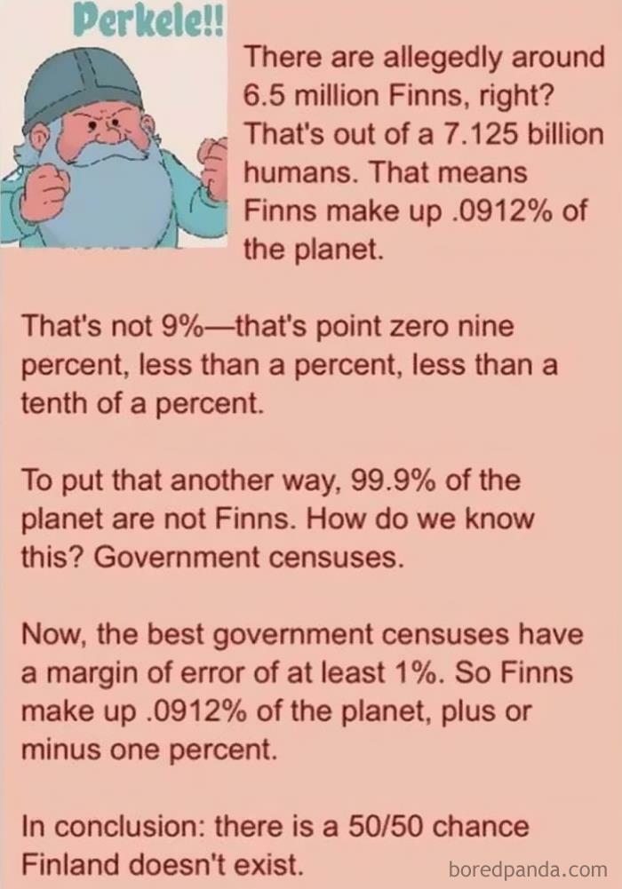 Actually The Margin Of Error Would Be +/- 650,000 Finns, It's The Population Of Finland Which Is Censused Here, Not The World