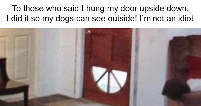 Door hung upside down with half-moon window cutout so dogs can see outside in one of the funniest dog memes ever.