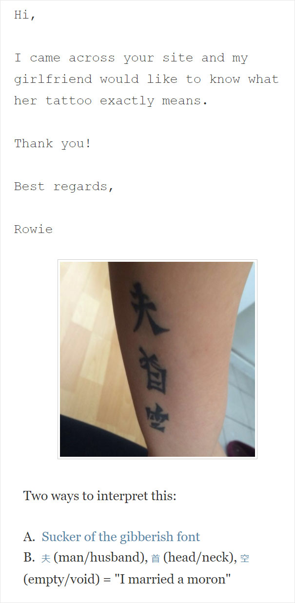 Terrible tattoo choices with misunderstood foreign characters on an arm.
