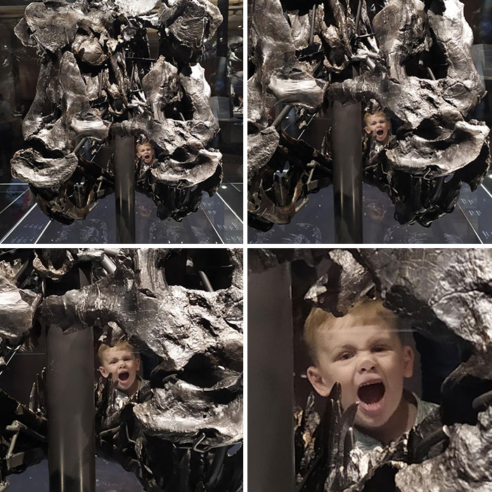 Cheeky Kid Photobombed Me At The Natural History Museum While I Was Taking A Photos Of A T-Rex Skull