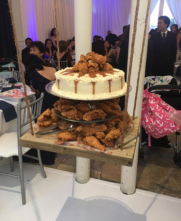 Mashed Potato Wedding Cake With Gravy Icing And Fried Chicken Topper