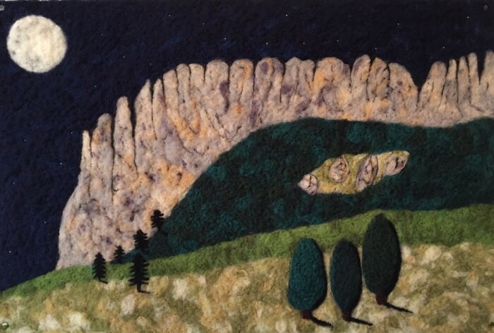 Needle Felted Picture Of Creasta Cocosului In Maramures, Romania, By Night.