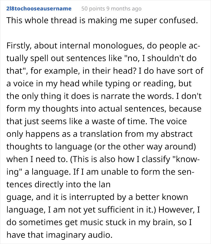 Person Thinks Internal Monologue Is A Made-Up Concept, Is In "Shock" After Learning Most People Have It Person Thinks Internal Monologue Is A Made-Up Concept, Is In "Shock" After Learning Most People Have It