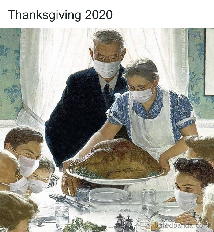 Family wearing masks at Thanksgiving dinner with a large turkey reflects social distancing and relatable humor.