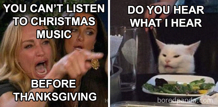 Women yelling at cat meme showing a dispute over listening to Christmas music before Thanksgiving; relatable social distancing humor.