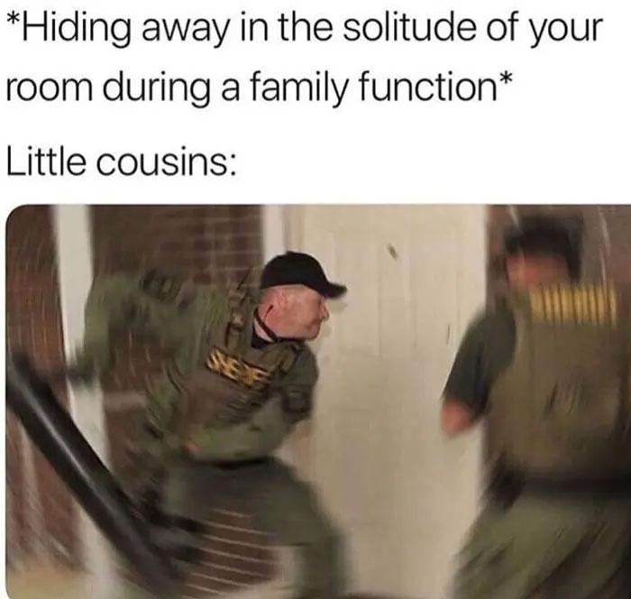 Sheriff meme humorously showing social distancing challenge during Thanksgiving with little cousins.
