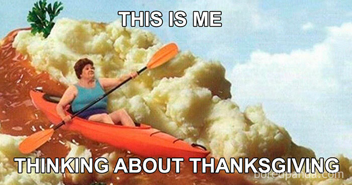 Person kayaking on mashed potatoes and gravy, humorously illustrating relatable Thanksgiving meme during social distancing.