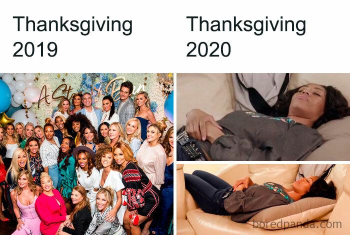 Thanksgiving meme comparing large group in 2019 and person alone on a couch in 2020 during social distancing.